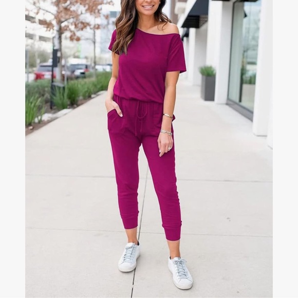Women's Off-Shoulder Jumpsuit - Magenta - Picture 1 of 11